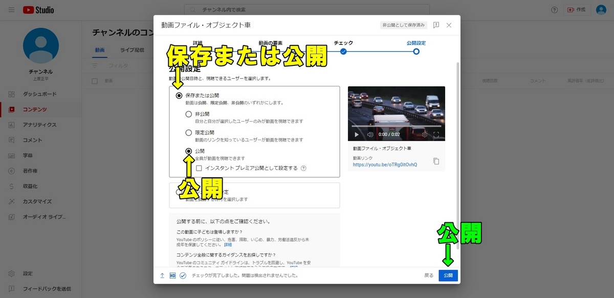 公開設定と投稿日時を設定する画面