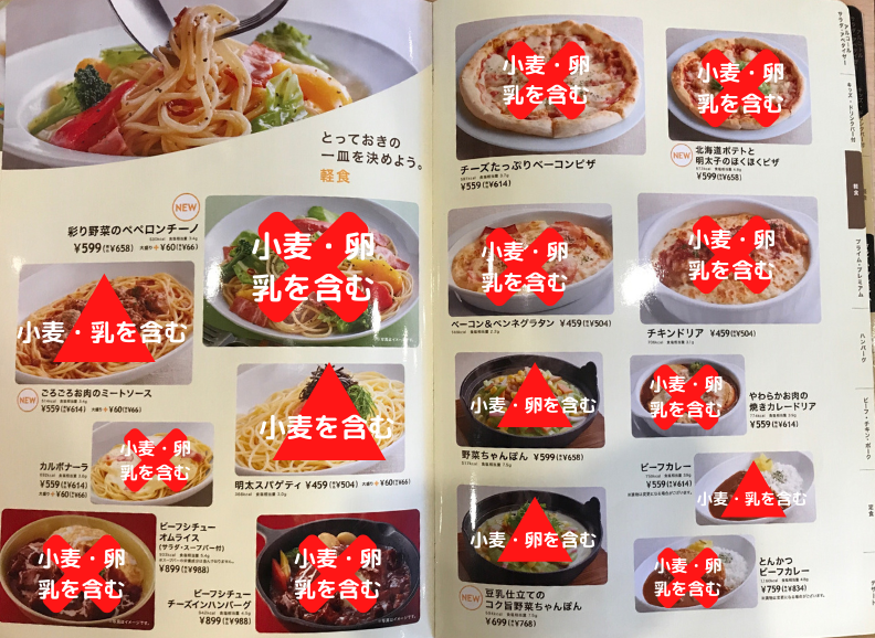 ジョイフル Joy full アレルゲン メニュー 卵不使用 乳製品不使用 小麦不使用 パスタ ドリア