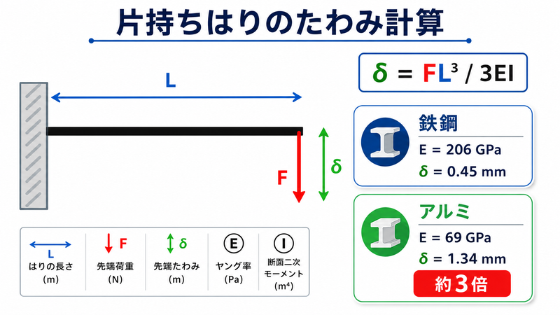 片持ちはりのたわみ計算例