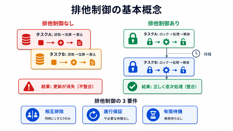 排他制御の基本概念と共有資源アクセスの模式図