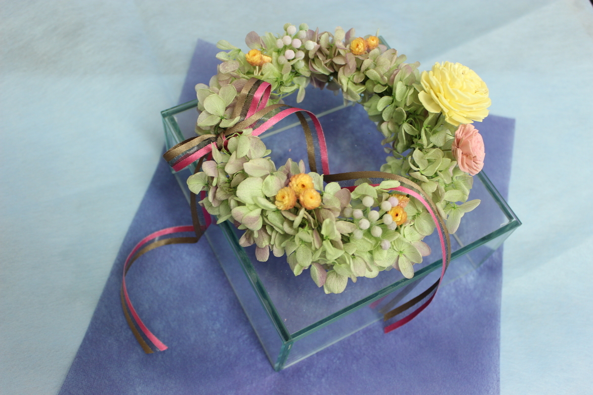 プリザーブドフラワーを使った夏らしい紫陽花のリース作り体験レッスン 名古屋フラワーアレンジメント教室 グリーンルーム アトリエ由花 プリザーブドフラワーを使った夏らしい紫陽花のリース作り体験レッスン 名古屋フラワーアレンジメント教室 グリーンルーム アトリエ由花