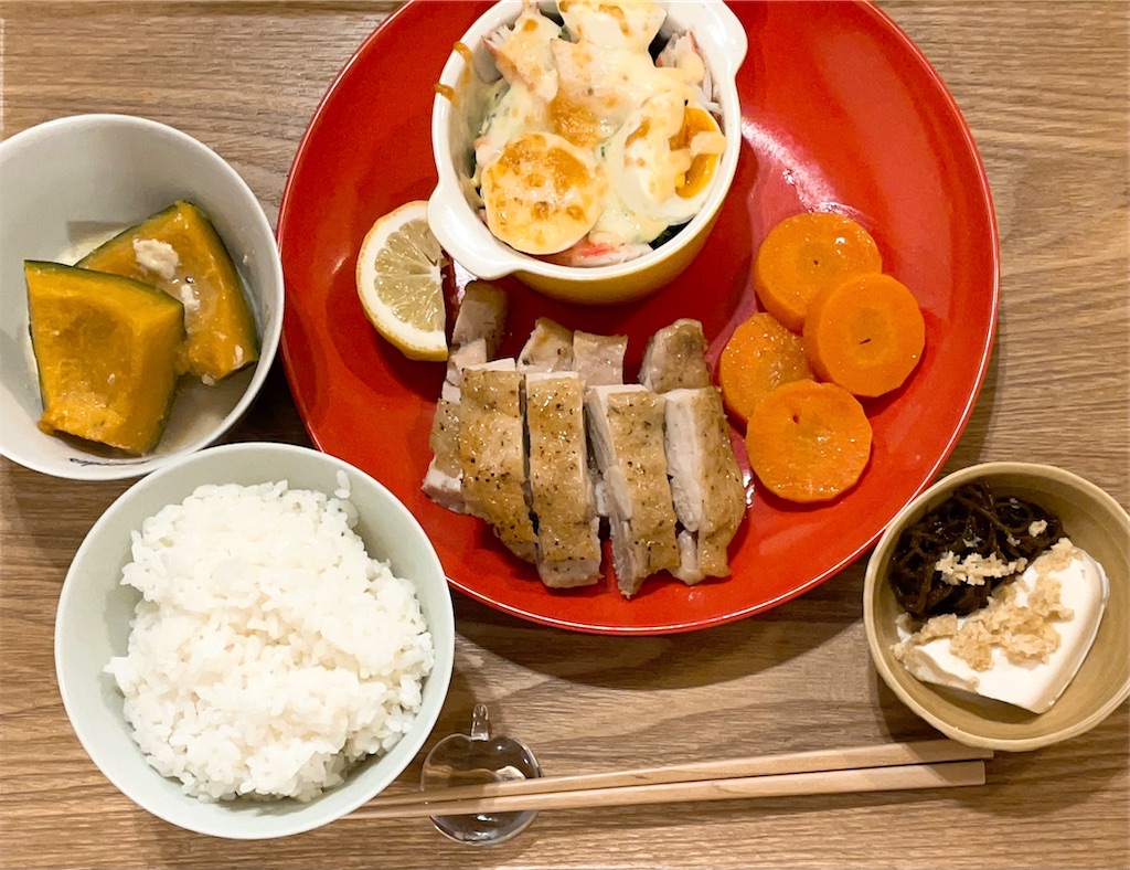 献立 チキンステーキ ブロッコリーチーズ焼き 人参グラッセ かぼちゃのミルク煮 もずく豆腐 Taste Life Log 人生を思う存分味わいたい