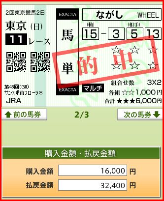 同じくフローラS 馬単1,580円