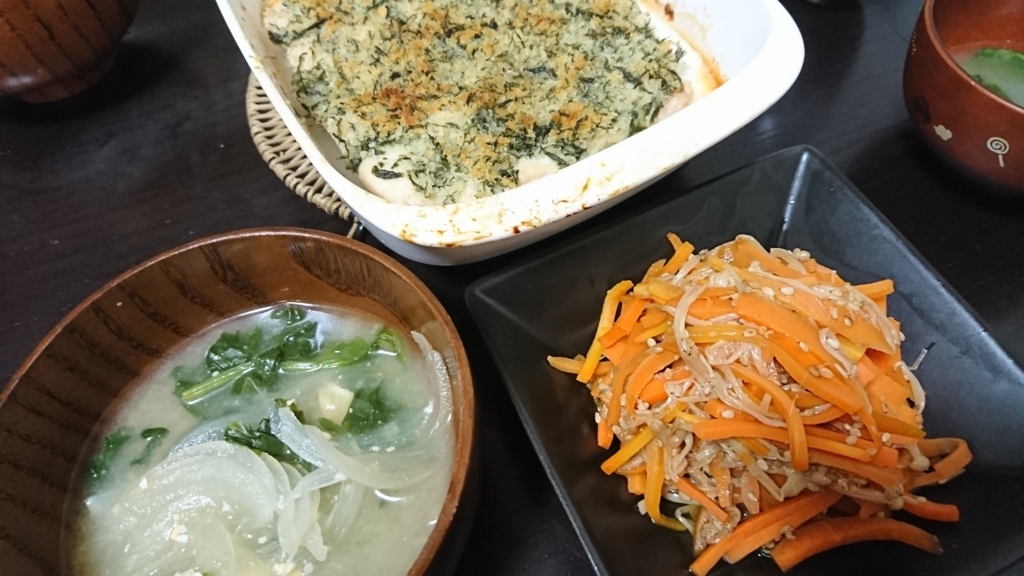鶏むね青のりパン粉焼き きんぴら 味噌汁 ただ単に食事を綴るブログ