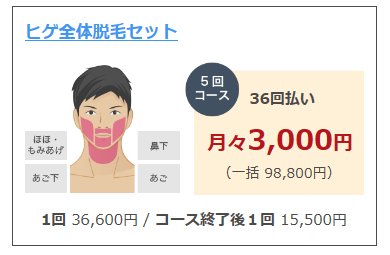 仙台でおすすめのヒゲ脱毛、メンズリゼのほほ・もみあげ・鼻下・あご・あご下と全て脱毛したい方のプラン