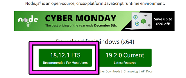 node.js LTSをダウンロード