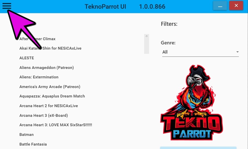 Teknoparrotを起動して、左上の三本線をクリック