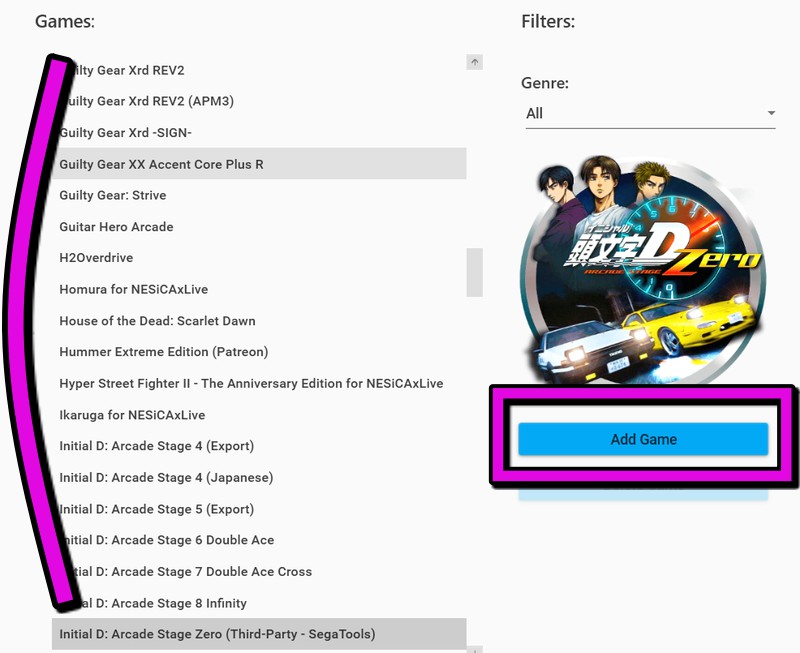 左画面にゲーム一覧が出てくるので、選択して『Add Game』