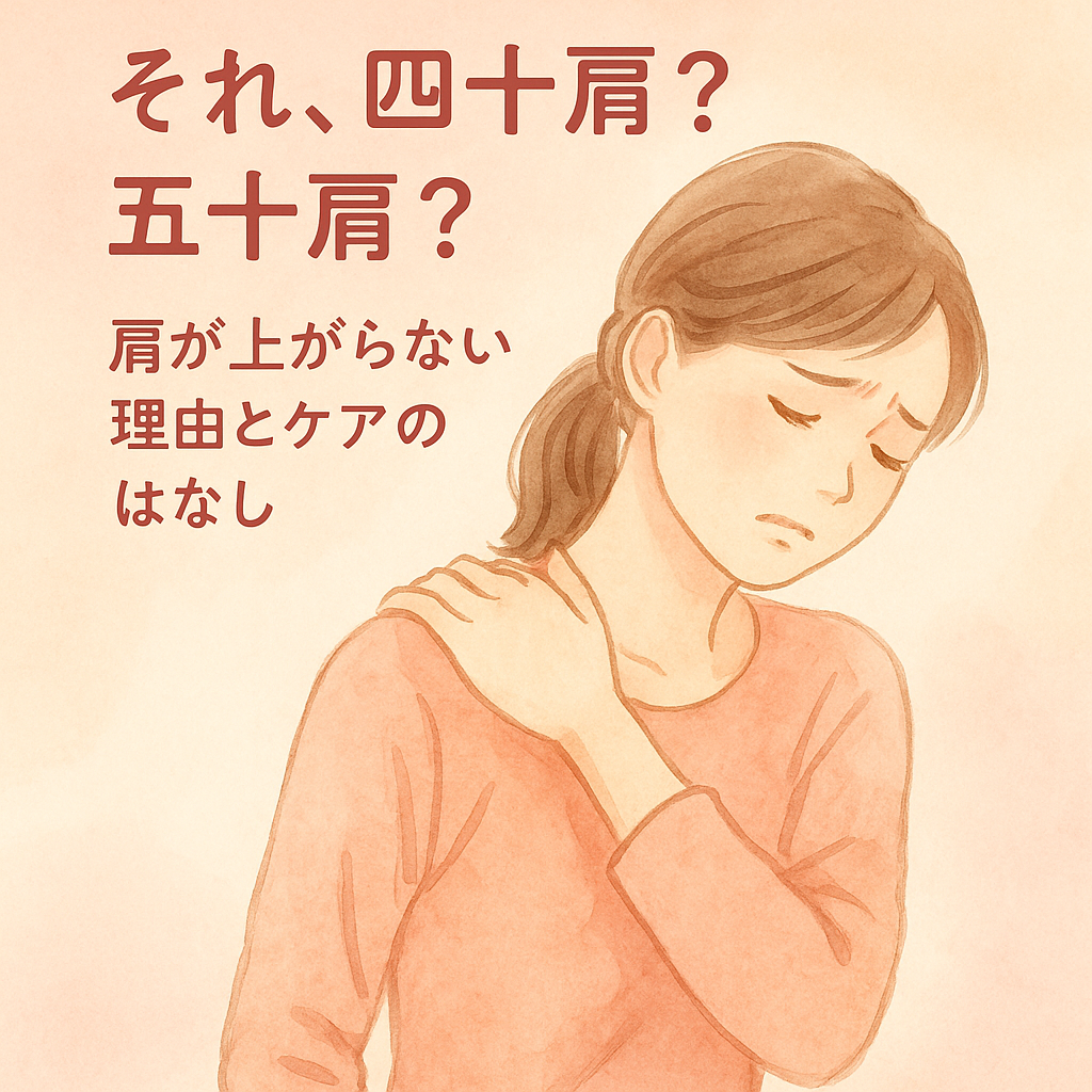 肩を押さえる女性と『それ、四十肩？五十肩？』という文字が入った水彩風のイラスト