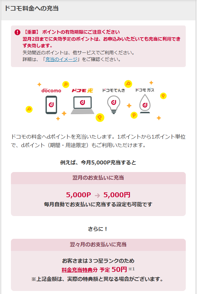 「1ポイントから1ポイント単位で、dポイント（期間・用途限定）もご利用いただけます。例えば、今月5,000P充当すると5,000P&rarr;5,000円。毎月自動でお支払いに充当する設定も可能です」や、さらに「料金充当特典」を付与するなどと説明されている。