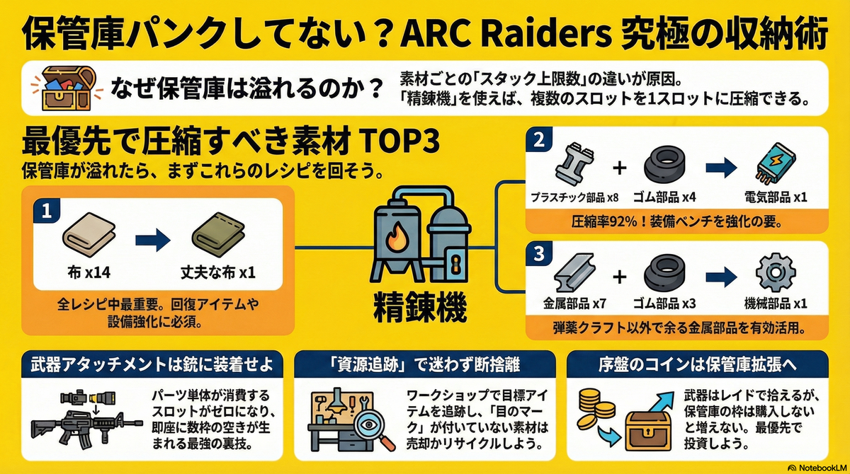 ARC Raiders】保管庫の限界突破！精錬機レシピ優先度と収納テクニック完全ガイド【アークレイダース】 - ゆろぐ