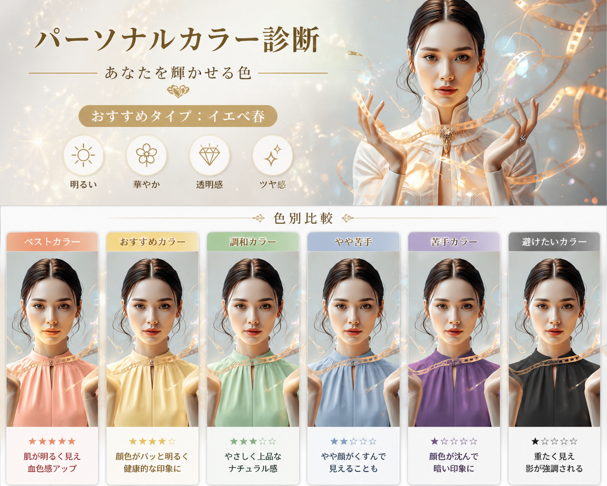 ChatGPT画像機能によるパーソナルカラー診断の作例｜イエベ春タイプの色比較
