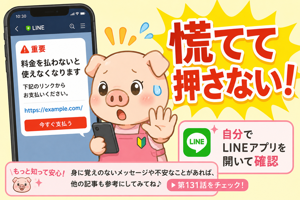 ALT：LINE有料化を装う怪しいメッセージに注意するイラスト