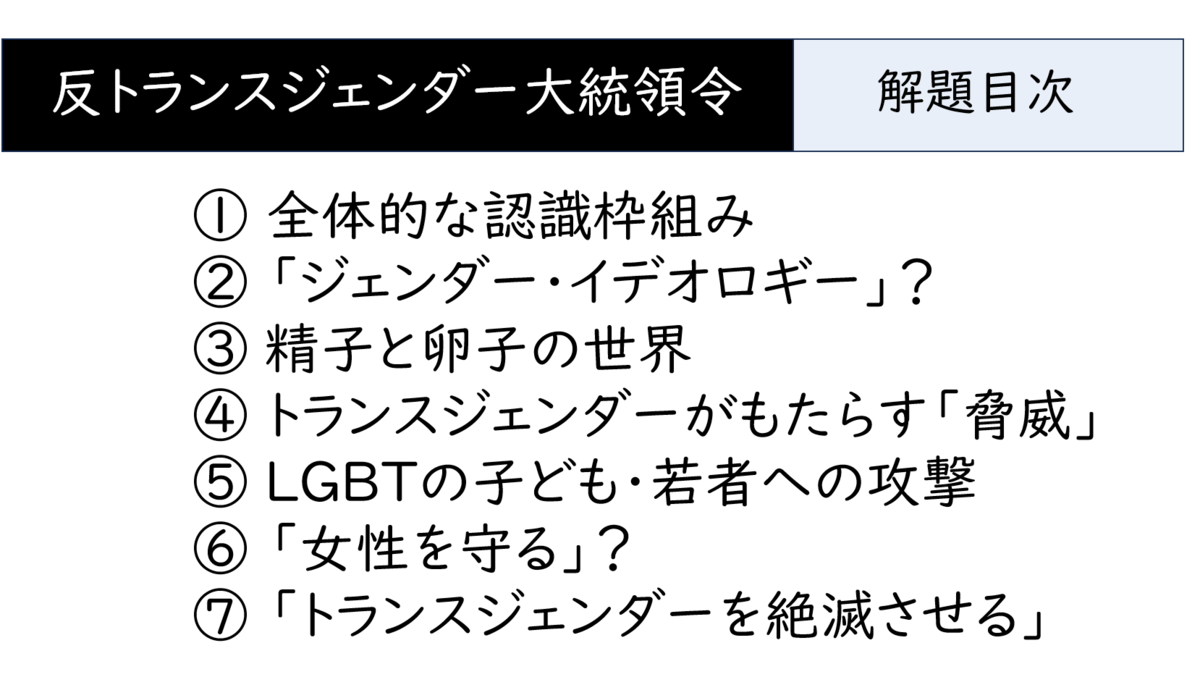 ① 全体的な認識枠組み ② 「ジェンダー・イデオロギー」？ ③ 精子と卵子の世界 ④ トランスジェンダーがもたらす「脅威」 ⑤ LGBTの子ども・若者への攻撃 ⑥ 「女性を守る」？ ⑦ 「トランスジェンダーを絶滅させる」