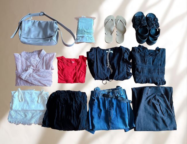 持って行く服を全て並べたもの（コーデに使われている服たち）
