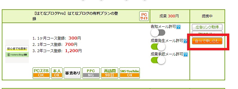 もしもアフィリエイト・はてなブログ自分で申し込む