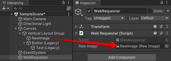 Raw Image をアタッチする様子