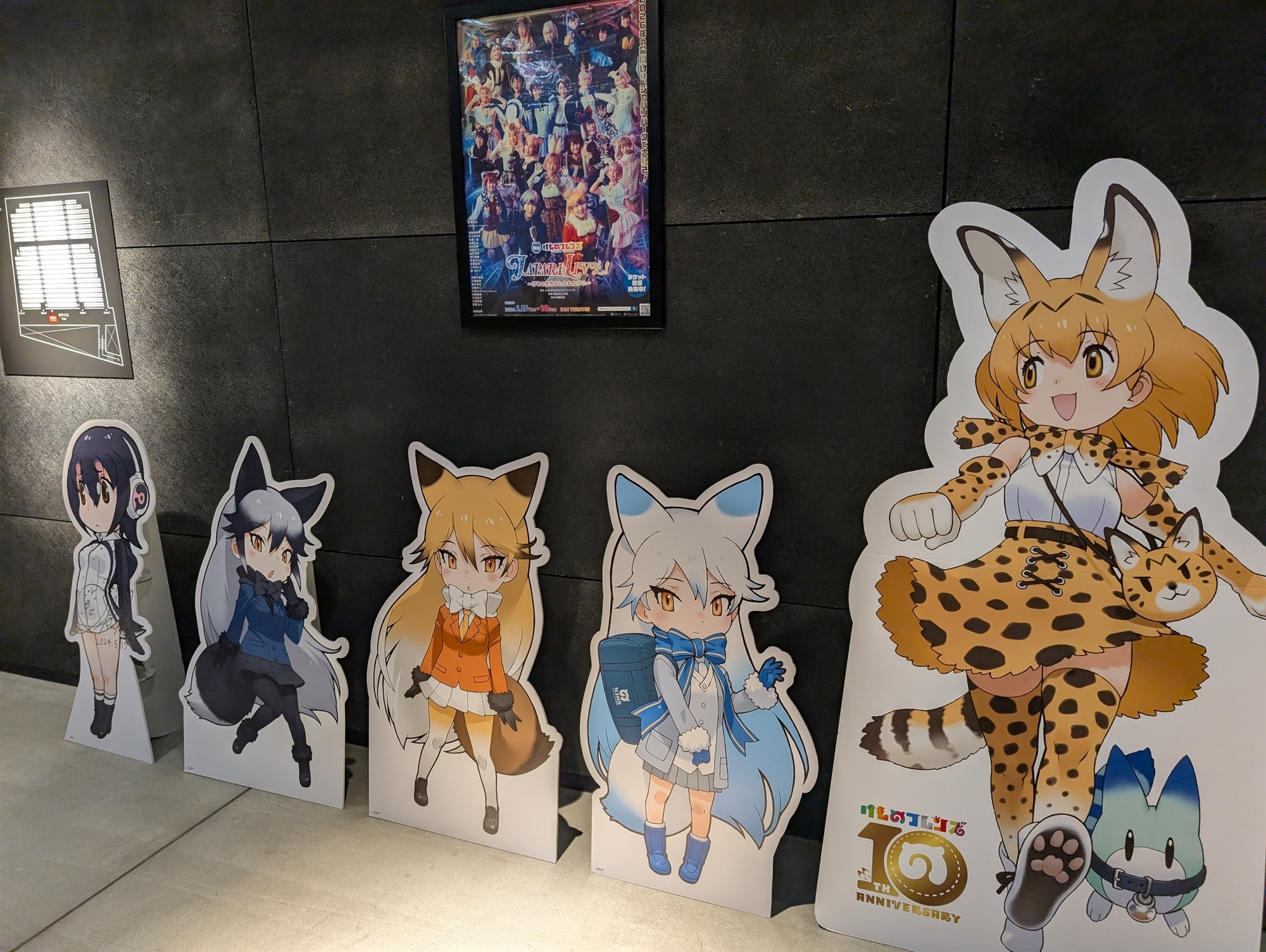 壁にかかっている本公演ポスターと、その手前にキャラパネルが5枚。