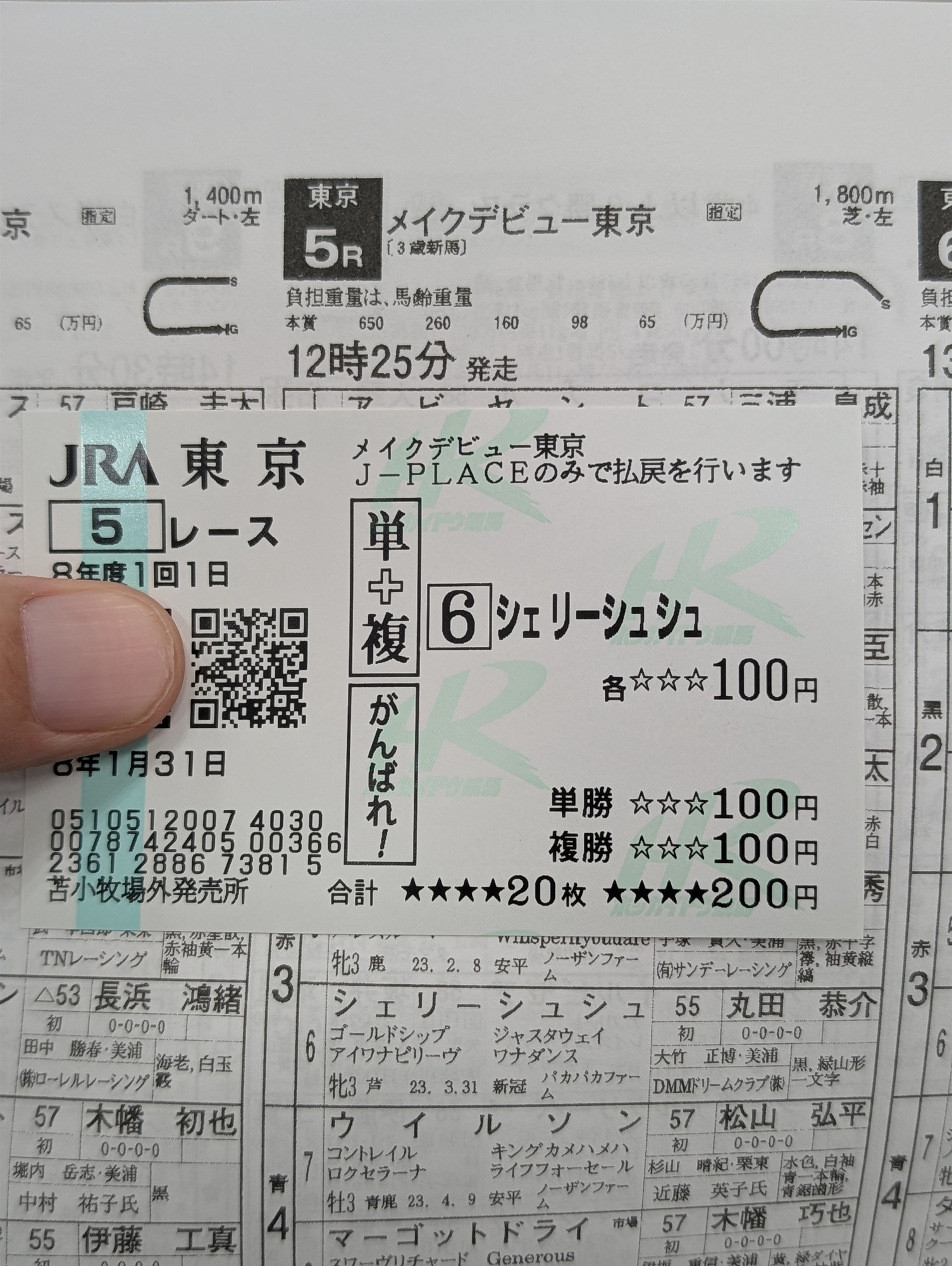 1月31日東京5レースの出走表を背景に、同レース6番シェリーシュシュの単複馬券を撮影