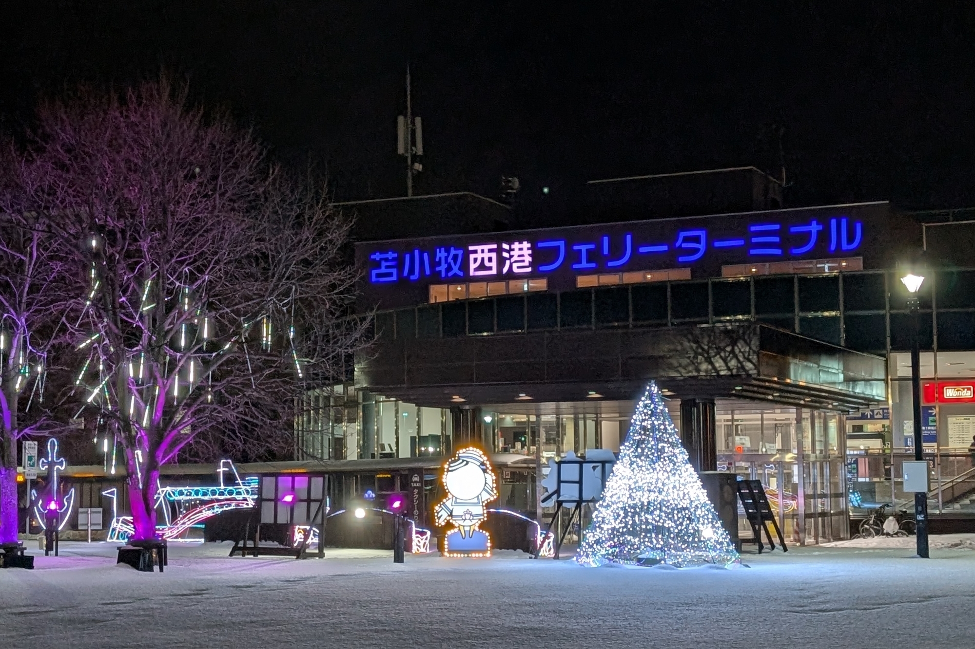 夜間の苫小牧西港フェリーターミナル正面。ターミナル入口の手前にはイルミネーションがある