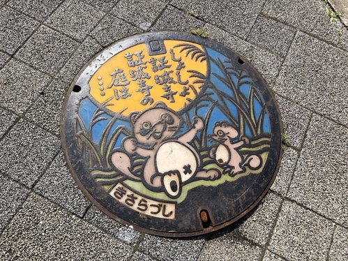 マンホール。蓋。デザイン。イラスト。絵。カラー。千葉。木更津。木更津駅。たぬき。きぬ太くん。しょしょ証城寺、証城寺の庭は……。