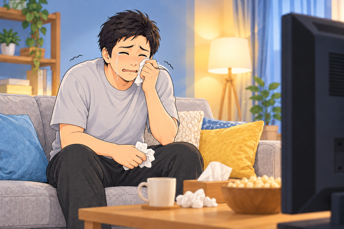 アニメの結末に涙が止まらずティッシュで拭くぜらちん