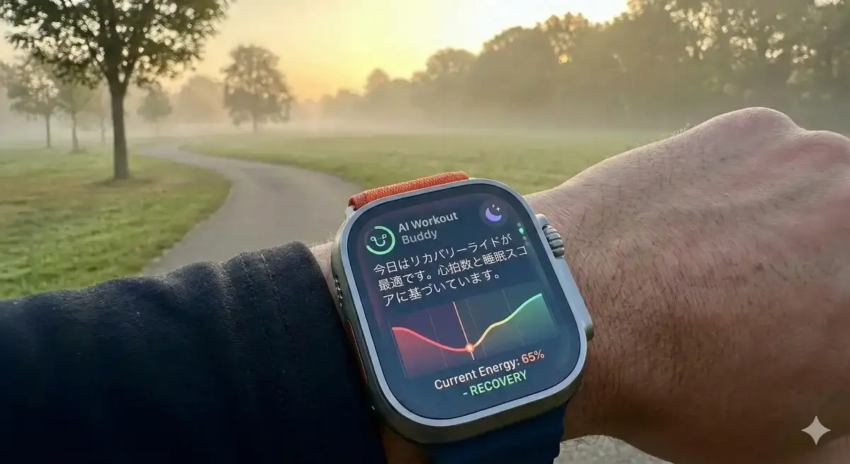 watchOS 12の新機能「AI Workout Buddy」がトレーニングを提案しているApple Watchの画面