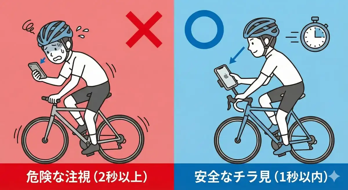 自転車の「ながらスマホ」厳罰化を解説する、注視とチラ見の安全基準の図解