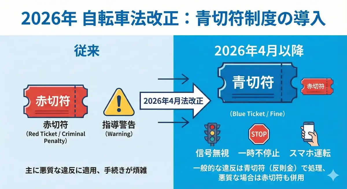 2026年4月から始まる自転車の青切符制度と従来の赤切符・警告との違いを解説する図解