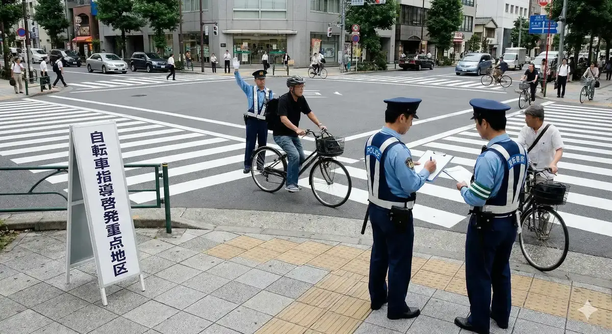 自転車指導啓発重点地区の看板が設置された交差点で自転車の取り締まりを行う警察官の様子