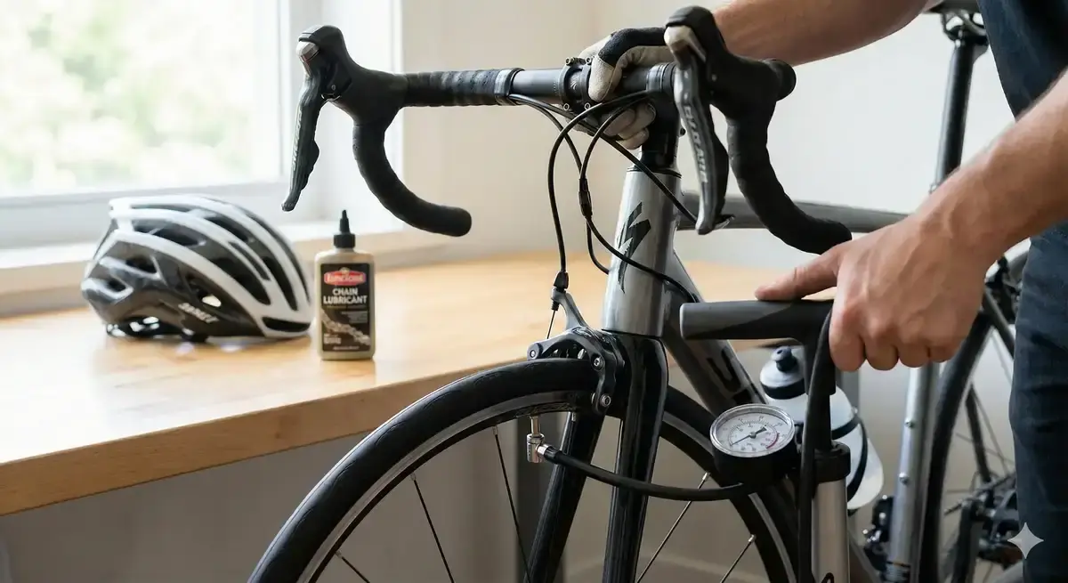 自転車のブレーキの効き具合を確認しタイヤに空気を入れるメンテナンスの様子