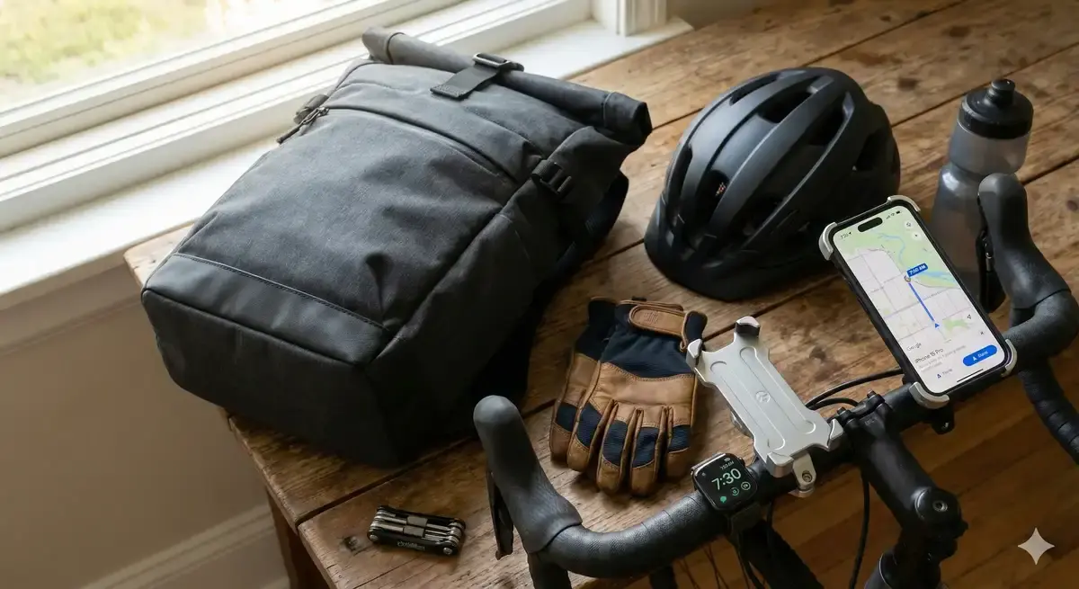 ハンドルに固定されたスマホホルダー、ヘルメット、通勤バッグなど、安全な自転車通勤のための装備一式