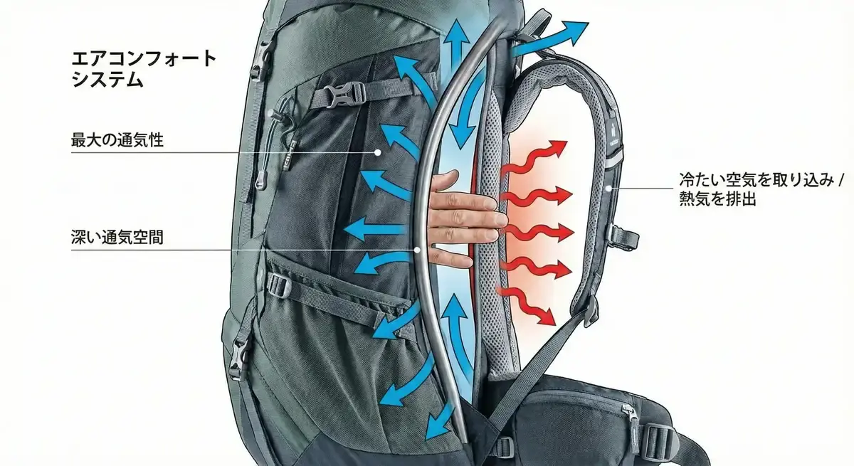 ドイター独自のエアーコンフォートシステムによる背中とリュック本体の間の物理的な隙間の図解