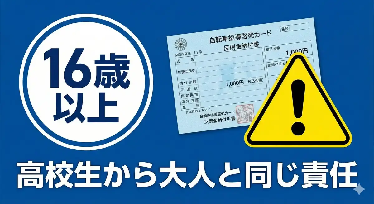 16歳以上の高校生から対象となる自転車の青切符制度を象徴するアイコンと納付書のイメージ
