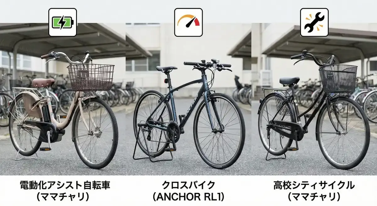 通学用自転車の3大カテゴリー（電動アシスト、クロスバイク、シティサイクル）の比較写真