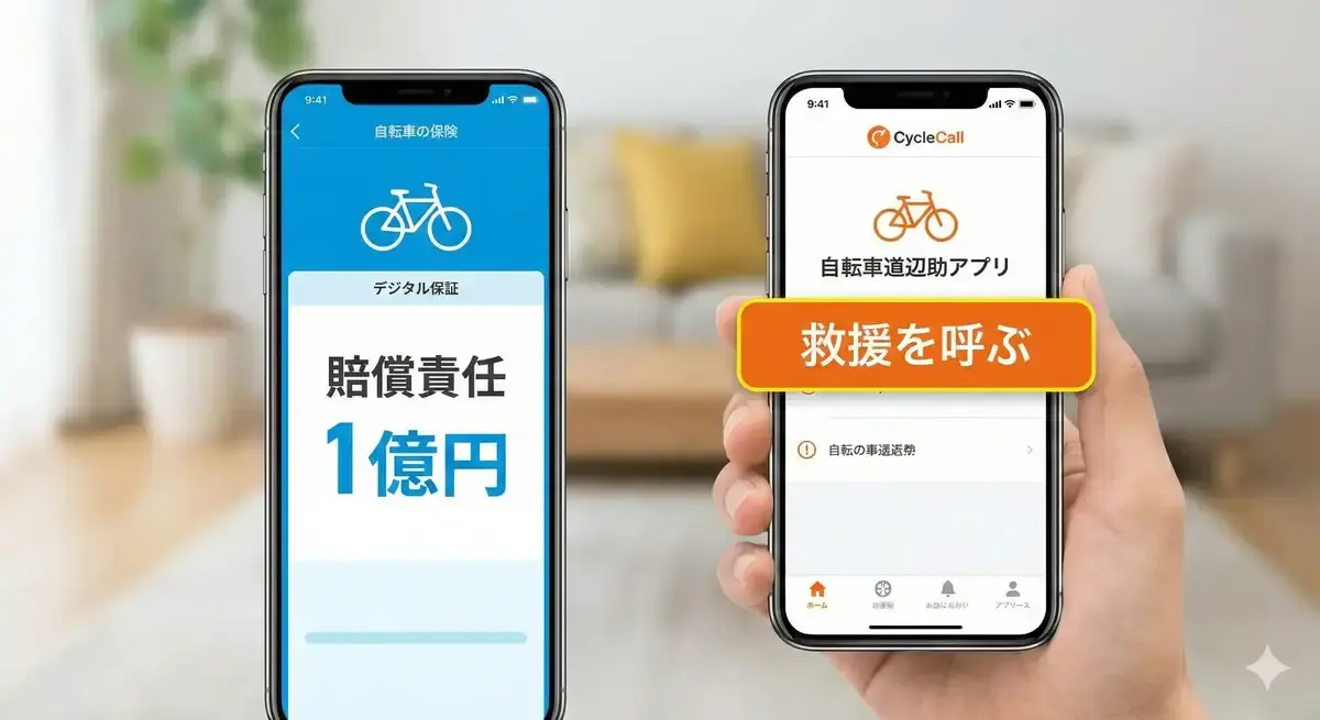 1億円の賠償責任補償とロードサービスが付帯した自転車保険のスマホ画面イメージ