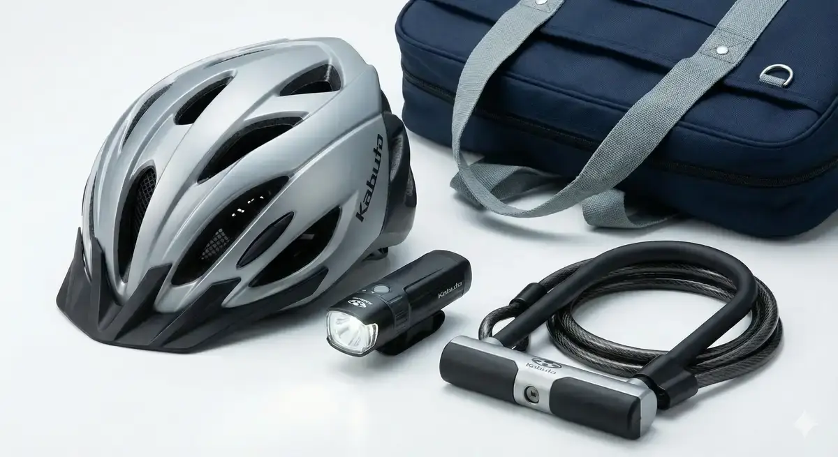 自転車通学の安全を守るための必須装備（ヘルメット、高輝度LEDライト、頑丈なカギ）のセット写真