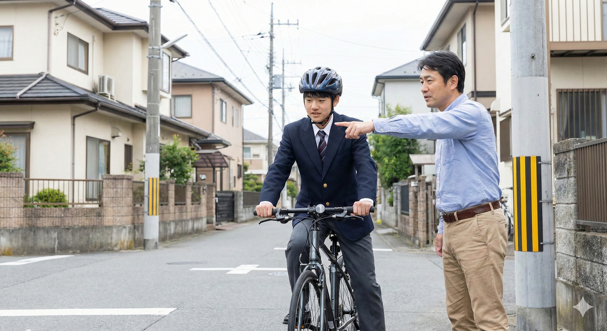  親子で実際に通学路を自転車で走りながら、危険箇所（交差点）で一時停止して確認し合っている様子。親が子に指導している温かい雰囲気。