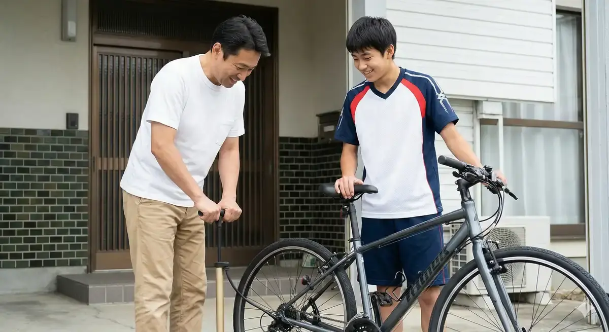  月に一度、親子で通学用自転車のタイヤに空気を入れているメンテナンスの風景