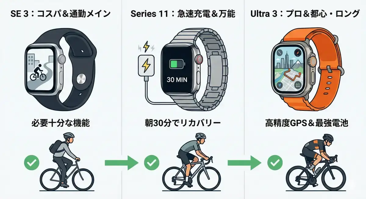  自転車通勤におけるApple Watch SE 3（コスパ重視）、Series 11（急速充電重視）、Ultra 3（高性能重視）の3モデル比較イラスト。