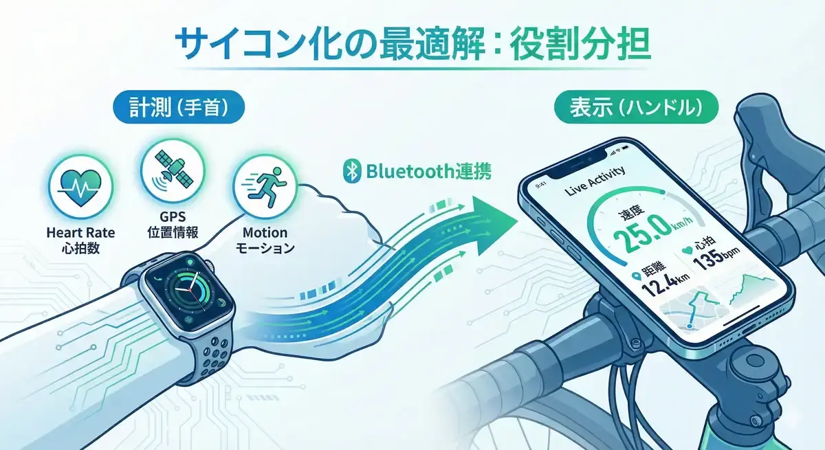  Apple Watchが計測した心拍やGPSデータを、ハンドルマウントされたiPhoneのLive Activity画面に表示する仕組みを示す図解