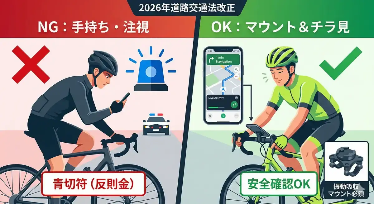 026年法改正に対応した、自転車での正しいスマホ利用（ハンドルマウントでチラ見）と、違反となる利用（手持ち・注視）を対比したイラスト。