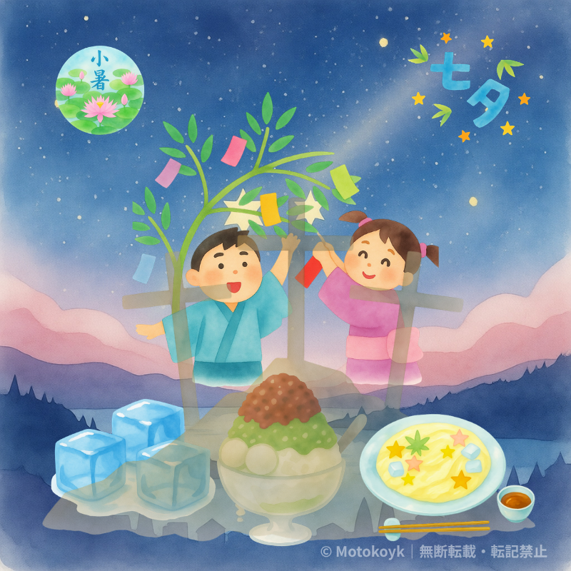 小暑の夜空と子どもたち、かき氷やスイカで暑気払いを楽しむ夏のイラスト